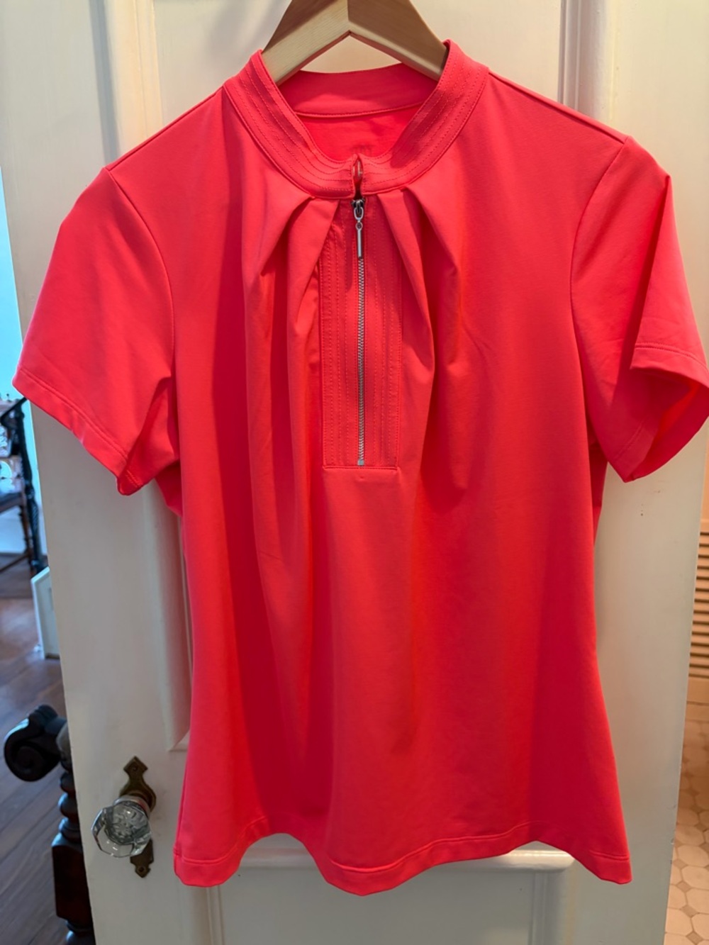TAIL Short Sleeve Zip-Front Top in Vibrant Coral Pink